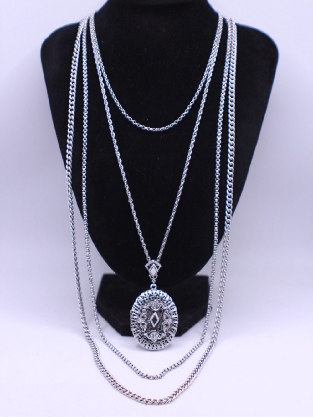 Vintage Unsigned Multi strand Silver Tone Locket Necklace 35”